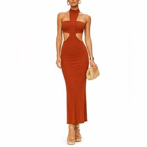 Rust cut out bodycon ribbed stretch maxi dress resortwear vacation sexy nightout